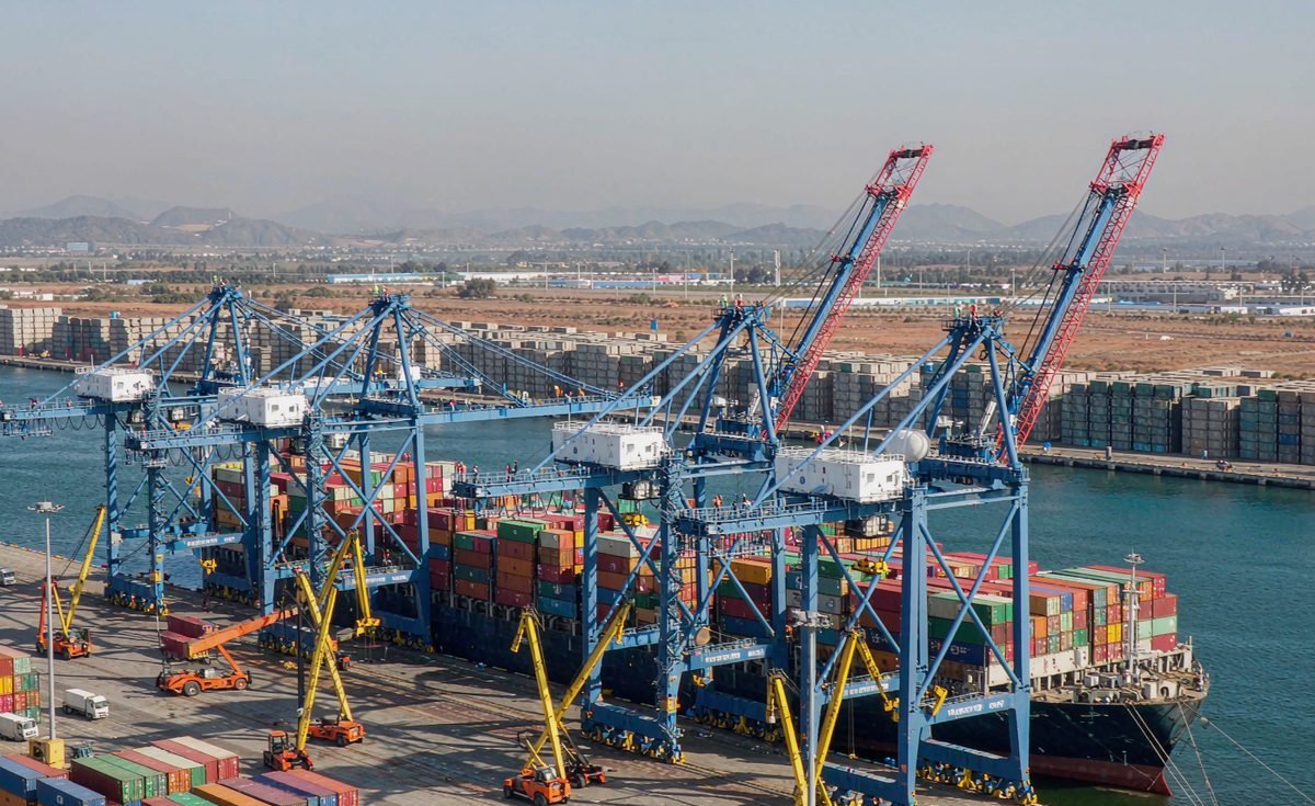 Container yard at Shenzhen port during Chinese New Year week with few trucks operating