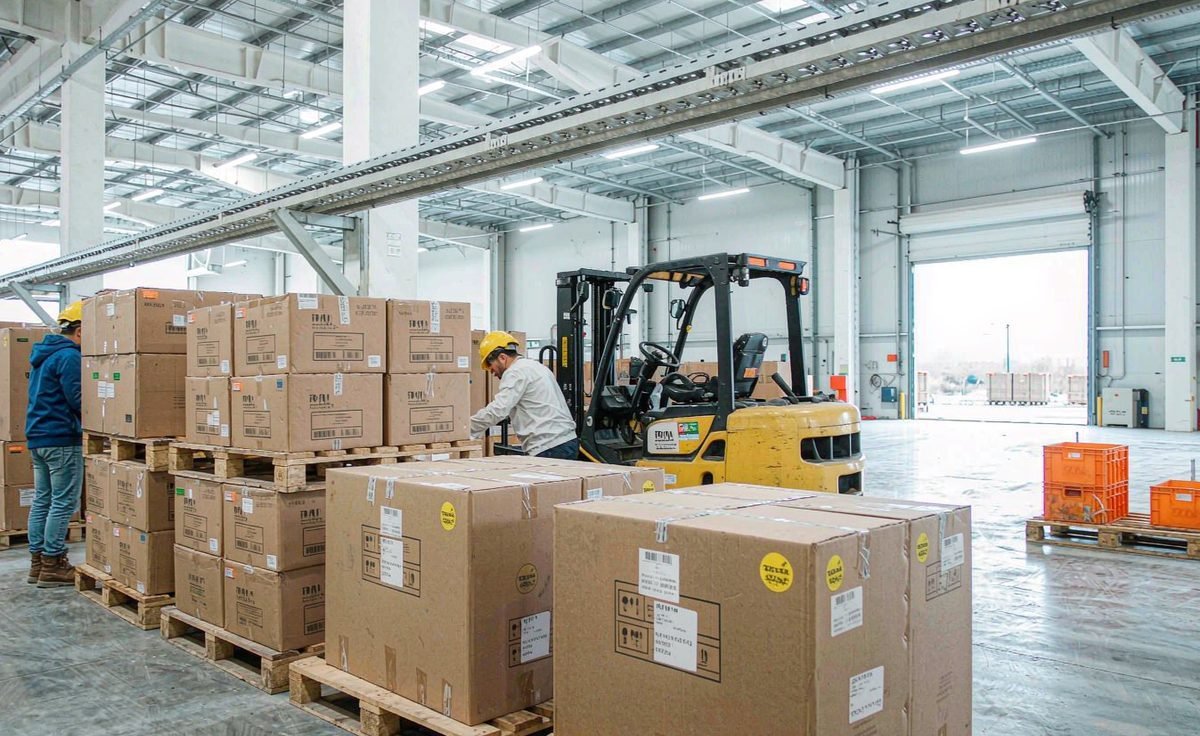 Warehouse team palletizing consolidated LCL cargo for loading into a 40HC container in China