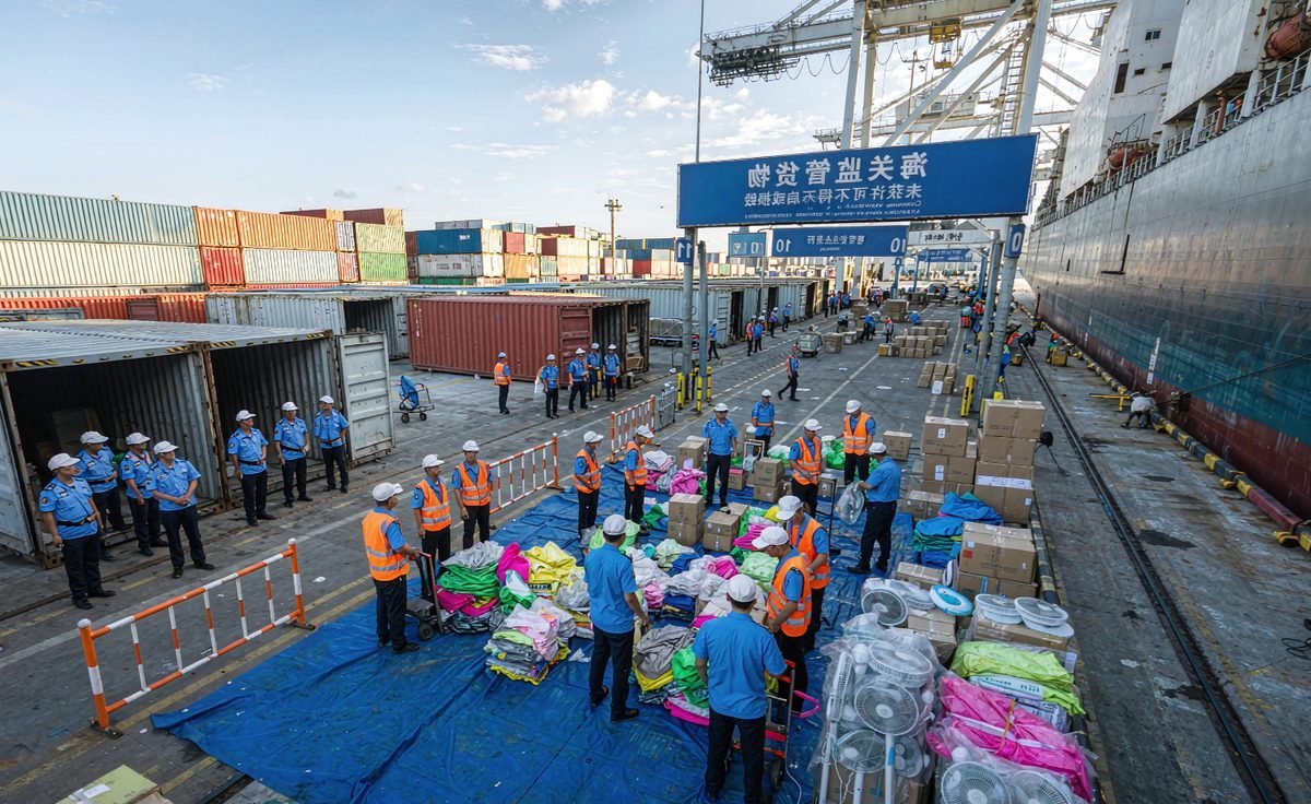 Gantry crane lifting a shipping container onto a vessel at a Chinese port